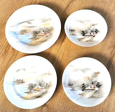 Vintage Kutani Plates X 4 Japanese Porcelain White Mount Fuji Lake Scene .  • £5