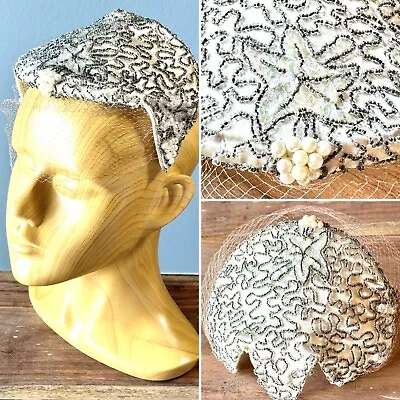 RARE Vintage 30’s Wedding Hat Fascinator Cream Satin Sequins Beads Star Pearls • $59.99