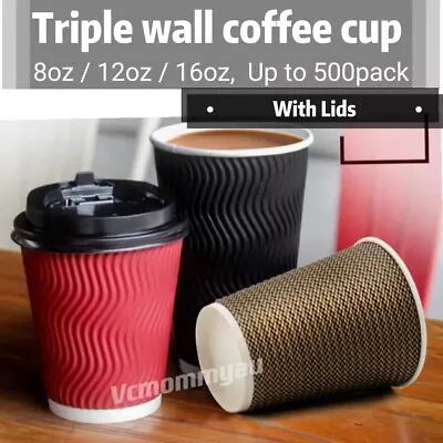 Disposable Ripple Paper Coffee Cups Take Away Triple Wall Takeaway 8OZ/12OZ/16OZ • $30.99