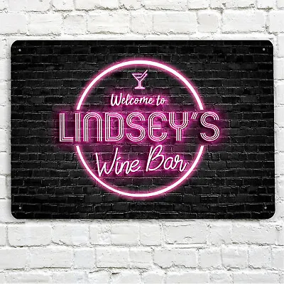 Personalised With Any Name Pink Neon Effect Wine Cocktail Bar Sign A4 Sign • £13.50