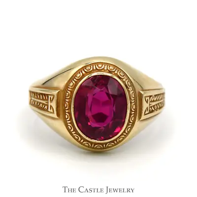 Oval Synthetic Ruby Men's Ring With Ornate Bezel And Sides In 10k Yellow Gold • $619