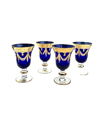 Fancy Glass Set Of Four Italian Royal Blue & Gold Cobalt Vintage Collectibles • $325