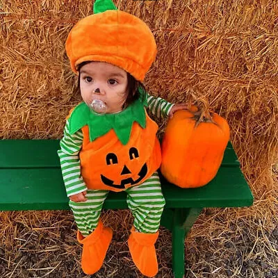 Toddler Baby Halloween Party Pumpkin Cosplay Costume Romper+Shoes+Hat Set Outfit • £15.29