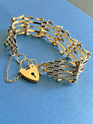 Antique 9Ct Gold Shaped 5 Bar 17mm Gate Bracelet Heart Clasp 9.75gr 18.7Cm • £375