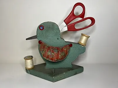 Vintage Painted Old Wood BIRD Pin Cushion Sewing Caddy Thread Holder Primitive • $55