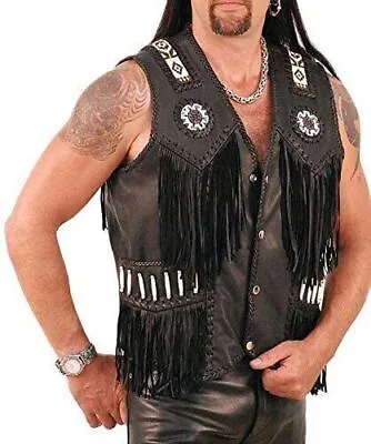 Mens Leather Vest Black Suede Cowboy Western Style Native American Beaded Fringe • $79.99