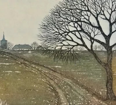 Margrit EWERT (1951) Color Marking 1991: FIELD ROAD WITH DRIVING TRACKS REAR A VILLAGE • $90.57