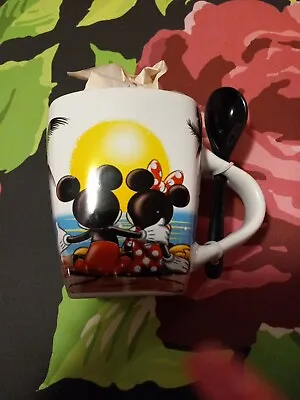 Disney Jerry Leigh Mickey & Minnie Mouse Watching Sunset Mug Cup & Spoon  • $15