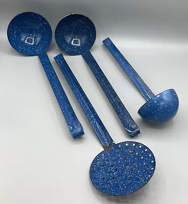 4 Vtg Blue Speckled Enamel Granite Ware Camping Metal~3 Ladles & 1 Skimmer Lot • $31.99