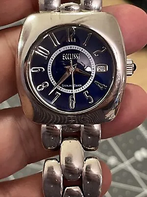 ECCLISSI 84.3g Sterling Silver Blue Square Big Face Dial Date Watch Men's 32697 • $120