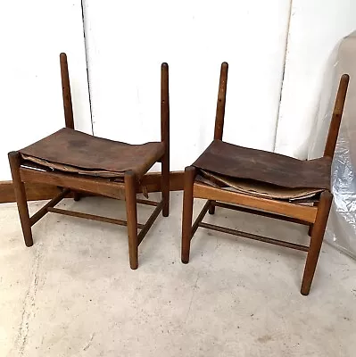 Pair Of Leather Oak Spanish Dining Chairs Borge Mogensen Fredericia AS IS REPAIR • $649.99