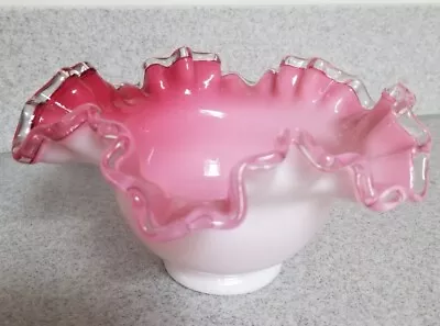 Vintage Fenton Art Glass Silver Crest Ruffled Milk Glass Bowl With Pink Interior • $13