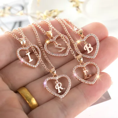 £2.39 • Buy Rose Gold Love Heart Initial Letter Alphabet Pendant Necklace Chain Jewelry Gift