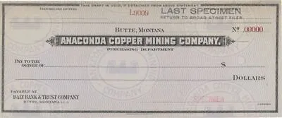 Anaconda Copper Mining Co. - American Bank Note Company Specimen Checks - Americ • $75