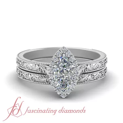 Vintage Style 0.60 Ct. Marquise Cut Diamond Milgrain Halo Wedding Ring Set GIA • $2580.99