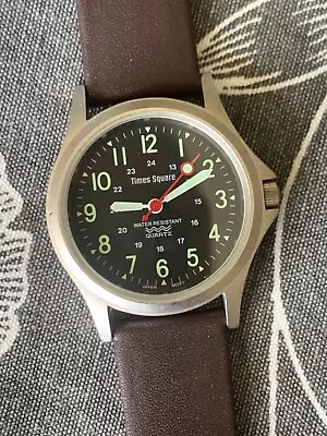 Military Style Times Square Watch  Ultra Lumed Dial 24H Time Red Second Hand • $35