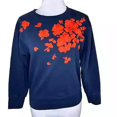 J. Crew Embroidered Flower Sweatshirt SMALL Navy Blue Orange Crewneck Slim Fit • $26.99