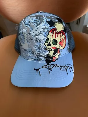 Ed Hardy Tattoo Skull Hat Flames Blue Gray White Snapack Adjustable NWT Trucker • $44.99