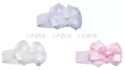Baby Girls Headband Satin & Lace Bow Headband 0-18 Months ~ Soft Touch ~ Abg • £3.95
