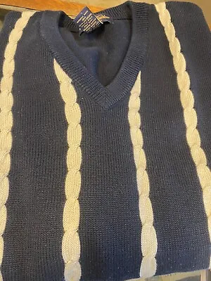 Vintage Brooks Brothers Navy/Cream V Neck Chunky Cable Knit Tennis Sweater XL • $39.50