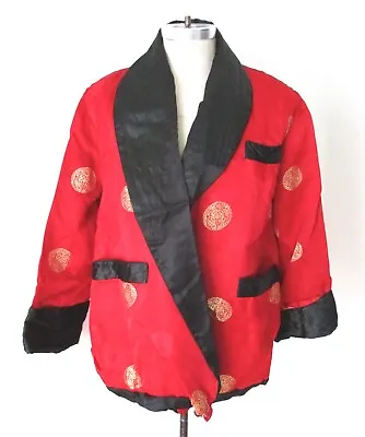 Vtg 60s Red Satin Smoking Jacket Short Robe Gold Medallion Brocade Pockets 48 • $55