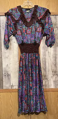 Vtg 80s Diane Freis Georgette Dress M L Tassel Tie Smock Waist Dress Made U.S.A • $119.99