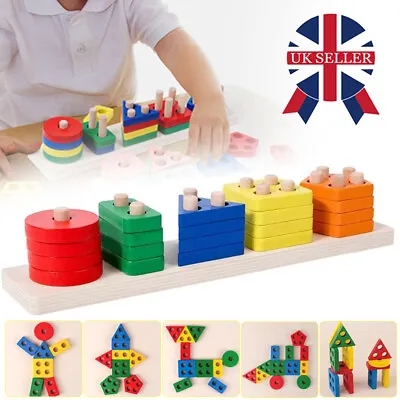 Kids Montessori Toys For 1 2 3 Year Old Boys Girls Wooden Sorting Stacking Toy • £6.98