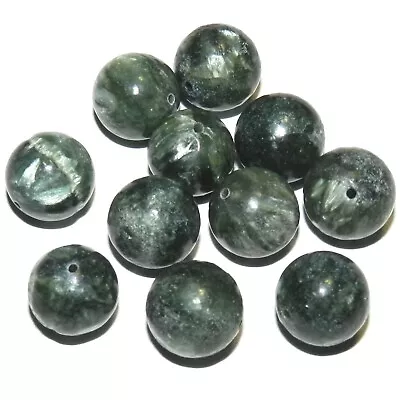 GR1027 Shimmery Silvery Green 10mm Round Seraphinite Gemstone Beads 10pc • $35.95