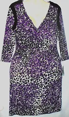 Studio AA Womens Dress Faux Wrap 3/4 Sleeves Mid Calf Size 10 Purple White • $8.99