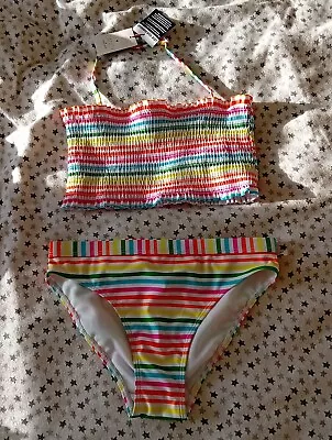 Bnwt Girls Rainbow Striped Multicoloured Stripes Bikini Age 9-10 • £9.80