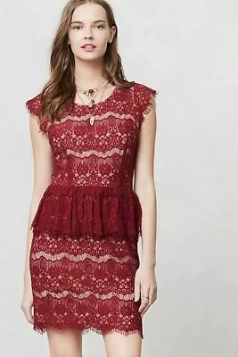 $29.97 • Buy MAEVE Anthropologie Wine Elsa Lace Peplum Ruffle Sheath Pencil Dress Elegant M