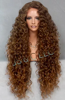 Human Hair Blend 40  Lace Front Wig Extra Long Brown Mix Heat OK Curly 4-27 DLH • $89.94