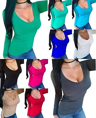 $18.99 • Buy Sexy Women's Low Cut V-Neck Solid Long Sleeve Fitted Cute Stretchy Tee Shirt Top