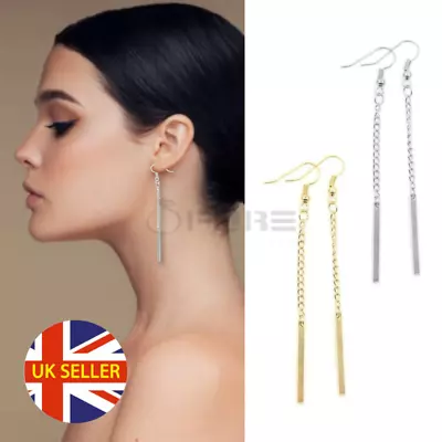 Classic Charm Long Chain Bar Drop Dangle Stainless Steel Earrings Gold Silver • £3.99