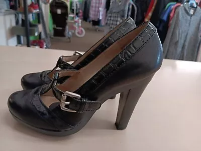 Michael Kors Black Leather Mary Jane Heels Size 6M 4  Heel Adjustable Strap • $24.99