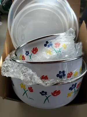 Vintage Saltera Himark Enamelware Nesting Bowls Floral Mix & Store With Lids • $35