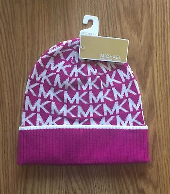 Michael Kors Womens Bordered MK Logo Cuff Beanie Hat Deep Fuchsia & Cream White • $21.99