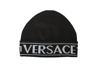 Versace Unisex Black Logo Tape 100% Wool Knitted Beanie Hat One Size • $149.99