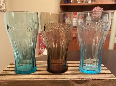 Lot Of 3 Coca Cola Tumblers Green Blue Brown Drinking Glasses • $13.50