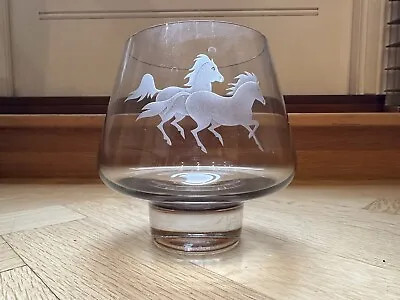 CAITHNESS GLASS PONIES SMOKED GLASS BOWL ETCHED Horses Denis Mann 1980s 5.5inch • £3
