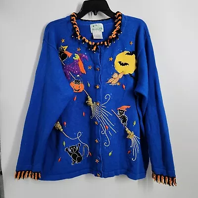 Quacker Factory Size 2XL Halloween Cardigan Sweater Witch Broom Cat Womens Blue • $53.20