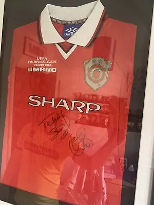 Signed Man Utd 99 Treble Shirt. Framed Signed By Solskjaer And Sheringham • £650