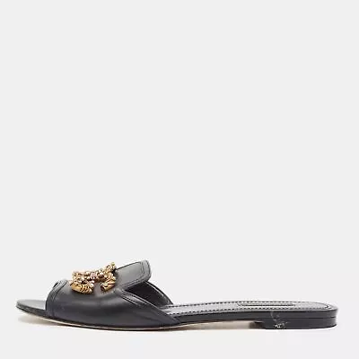 Dolce & Gabbana Black Leather  DG Amore Flat Slides Size 39 • $341.25