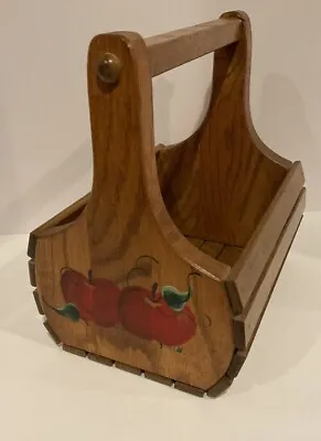 Vintage Wood Caddy Tote Storage Box Hand Painted Apples Artist Signed Beautiful • $19.63