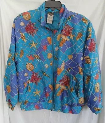 Vintage OUT BROOK Womens Small Silk Jacket Bomber Windbreaker Sea Shells Green • $11.49