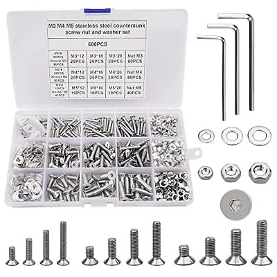 600Pcs M3 M4 M5 Countersunk Bolts Nuts And Washers Set 304 Stainless Steel Flat • £19.07