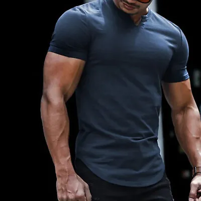 Mens T-Shirt Gym Tops Slim Fitness Basic T-shirt Bodybuilding Tight V-Neck Tee • $14.92