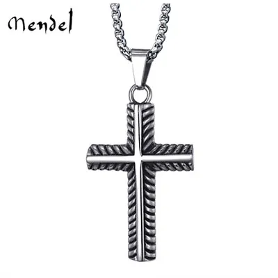 MENDEL Stainless Steel Mens Boys Christian Small Cross Pendant Necklace For Men • $10.99