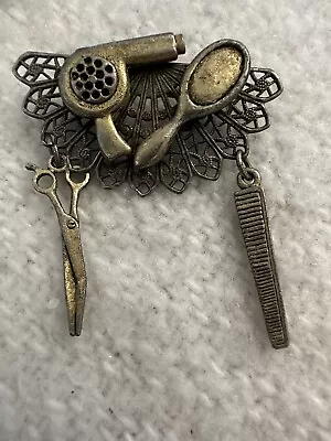 Vintage Hair Dresser Brooch Scissors Comb Mirror Hairdryer & Filigree Fan Design • $15.96