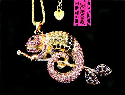 Betsey Johnson Pink Crystal Lizard Gold Pendant Chain Necklace Free Gift Bag • $29.99